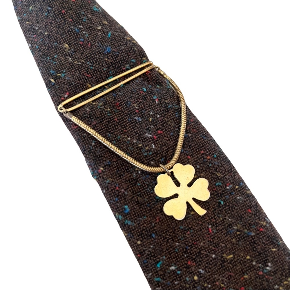 Gold Tone Clover Vintage Tie Clip on Snake Chain